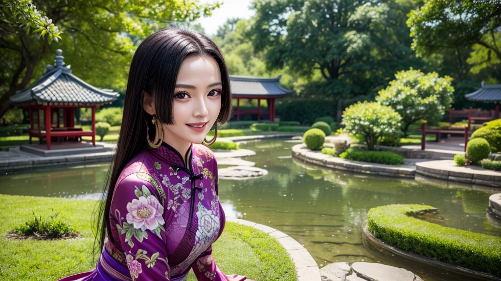 masterpiece, best quality, extremely detailed, hyperrealistic, photorealistic, a beautiful chinese model, ultra detailed face:1.2, black hair, plain purple cheongsam:1.2, japanese style garden, dynamic posing, smiling