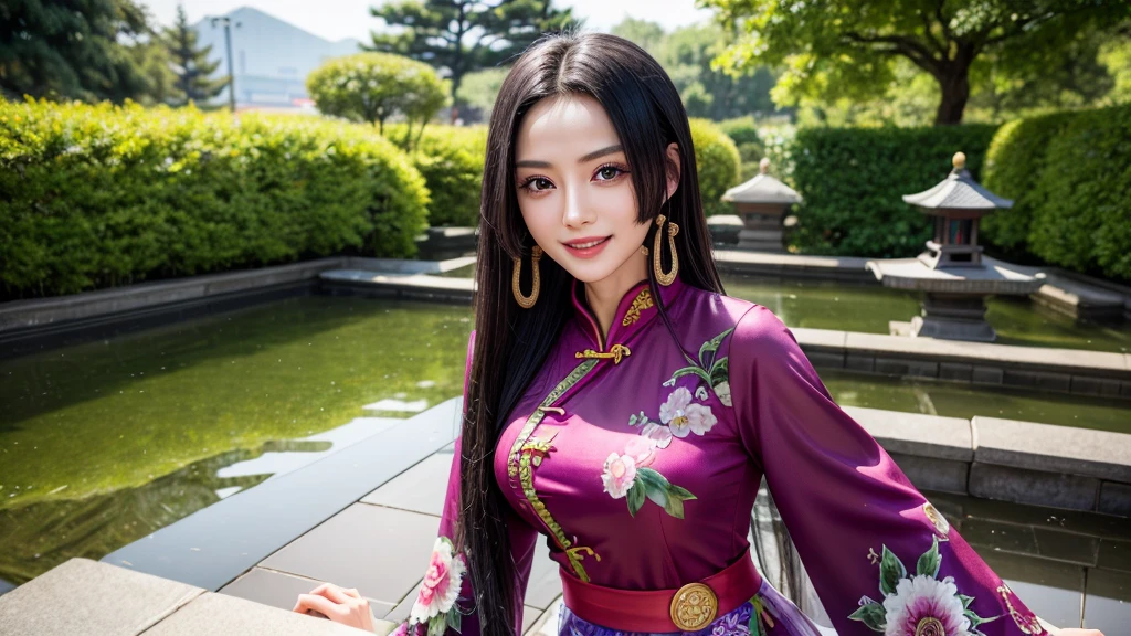 masterpiece, best quality, extremely detailed, hyperrealistic, photorealistic, a beautiful chinese model, ultra detailed face:1.2, black hair, plain purple cheongsam:1.2, japanese style garden, dynamic posing, smiling
