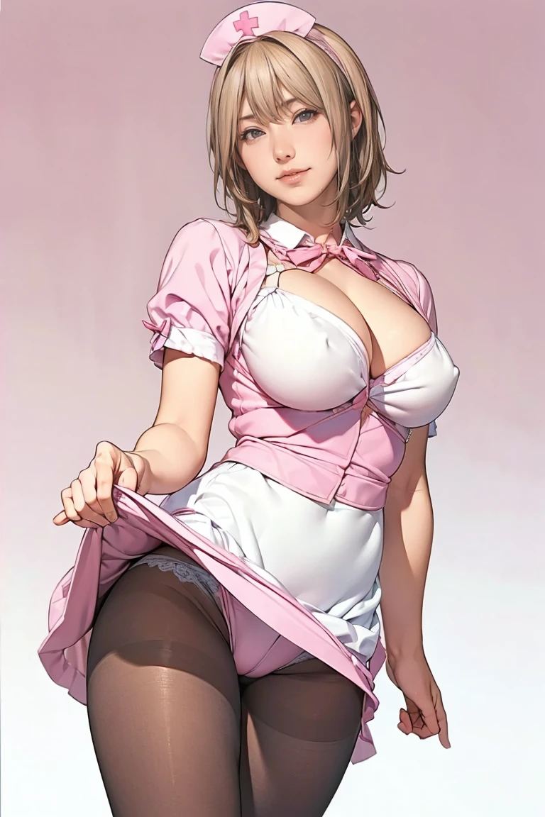 (masterpiece、Highest quality)、(Photo Real:1.4)、 Mature Woman, Beautiful thighs、Front view、1 Girl、30 years old、Perfect Face、Symmetrical cute face、Pink nurse uniform、(Random hairstyle、blonde)、Big eyes、Long eyelashes、((expensive))、Beautiful Hair、Beautiful Face、Beautiful and beautiful eyes、Perfect proportions、Beautiful breasts、Beautiful feet、Beautiful fingers、((High quality fabric、Pink nurse uniform、Skirt flip))、(To the hospital)、Are standing、 (smile), (((Skirt lift with both hands、Panties and pantyhose are visible)))