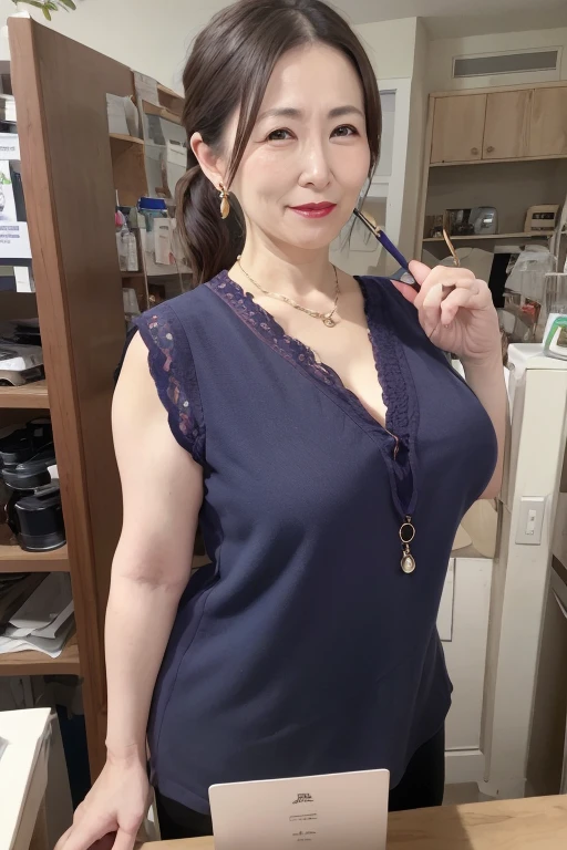 Beautiful mature Japanese woman aged 55, Nymphomaniac, Long eyelashes, Low Ponytail, Red lipstick, Pearl Necklace, Earrings, Dark eyeshadow, Large Breasts, Big Breasts, Marathon runner, sexy, 