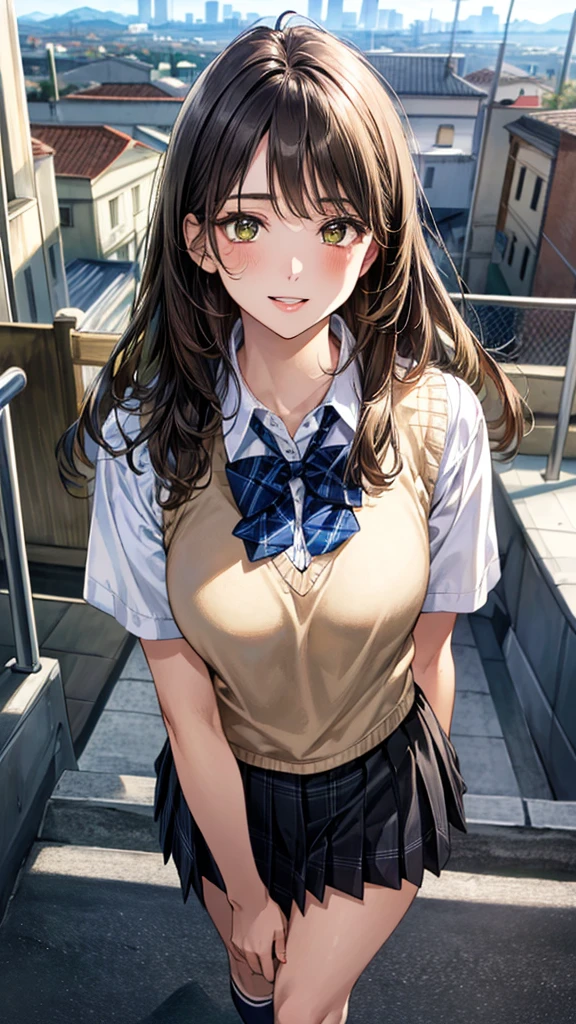 (masterpiece:1.3, top-quality, ultra high res, ultra detailed), (realistic, photorealistic:1.4), beautiful illustration, perfect lighting, natural lighting, colorful, depth of fields, surrealism, 
beautiful detailed hair, beautiful detailed face, beautiful detailed eyes, beautiful clavicle, beautiful body, beautiful chest, beautiful thigh, beautiful legs, beautiful fingers, shiny skin, babyface, 
looking at viewer, 1 girl, japanese, high school girl, (perfect anatomy, anatomically correct, super detailed skin), cute and symmetrical face, perfect face, perfect eyes, 
(long hair, straight hair, sidelocks, daek brown hair), bangs, yellow green eyes, drooping eyes, big eyes, long eyelashes, (large :1.2, seductive thighs), slender, outstanding style, 
((detailed cloth texture, break,break, white collared shirt, break,break, light brown knit vest, break,break, navy plaid pleated skirt, break,break, blue bow tie), break,break, white socks, black loafer), 
(beautiful scenery), evening, (school rooftop:1.2), standing, (arms behind back), (lovely smile, parted lips),