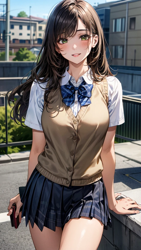 (masterpiece:1.3, top-quality, ultra high res, ultra detailed), (realistic, photorealistic:1.4), beautiful illustration, perfect lighting, natural lighting, colorful, depth of fields, surrealism,
beautiful detailed hair, beautiful detailed face, beautiful detailed eyes, beautiful clavicle, beautiful body, beautiful chest, beautiful thigh, beautiful legs, beautiful fingers, shiny skin, face,
looking at viewer, 1 girl, japanese, high school girl, (perfect anatomy, anatomically correct, super detailed skin), cute and symmetrical face, perfect face, perfect eyes,
(long hair, straight hair, sidelocks, daek brown hair), bangs, yellow green eyes, drooping eyes, big eyes, long eyelashes, (large breasts:1.2, seductive thighs), slender, outstanding style,
((detailed cloth texture, break,break, white collared shirt, break,break, light brown knit vest, break,break, navy plaid pleated skirt, break,break, blue bow tie), break,break, white socks, black loafer),
(beautiful scenery), evening, (school rooftop:1.2), standing, (arms behind back), (lovely smile, parted lips),