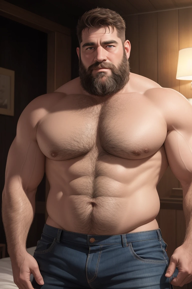 8KUHD Very Extremely Realistic Very Detailed High Quality Create a professional studio-style photograph featuring two middle-aged daddy muscle bears , burly, very hairy, very beared big daddy bear, and very realistic detailed rugged burly man and his husband in shorts. beards, very realistic hair, very realistic beards, very realistic thick chubby neck, very realistic neck lines, very realistic detailed neck, very realistic belly, very realistic burly chest, very realistic burly strong chest and arms, very realistic detailed hairy burly chest and arms, very realistic pecs, very realistic burly body, very realistic nipples, very realistic burly body, very realistic face, very realistic detailed face, very realistic eyes, very realistic detailed eyes, very realistic pupils, very realistic detailed pupils, very realistic nose, very realistic ears, very realistic facial features, very realistic burly arms, very realistic elbows, very realistic hands, very realistic wrists, very realistic fingers, very realistic fingernails, very realistic shoulders, very realistic mouth, very realistic lips, very realistic detailed skin, very realistic skin, very realistic mens clothing, very realistic detailed mens clothing. A very realistic man and his husband are kissing and loving each other in the bedroom, very realistically detailed kissing and loving each other in the bedroom, in a very realistic romantic and virile bedroom scene. Very Realistic Intricately Detailed, Utilize all appropriate realistic lighting techniques for studio photography" very realistic detailed bedroom surroundings, very realistic surroundings lighting, No Deformities, Very Ultra Realistic and Detailed Photograph, Clear HDR Quality