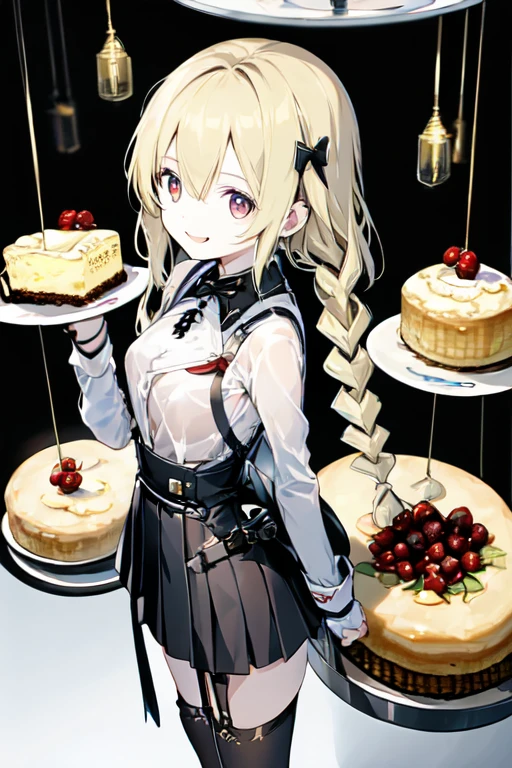 (small breasts:1.2), (perky chest:1.2), (pointed chest:1.2), (Pudding cake magazine cover:1.3),(from above:1.0),(shoot from the side:1.1),masterpiece, 1girl, Amazing Cleavage:1.1, thin waist, optimum,tmasterpiece,hight resolution,best qualtiy,hyper HD,super detailing,awardwinning,a 18yo cute girl,(The upper part of the body),anatomy correct,Beautiful Black miniskirt,garters,Gaze,Small face,bangss,holster,Beautuful Women,hands up,leg holster,Gaze,black boots,Cowboy Shot,cute face,a blond,Longhaire,Twin-tailed,Braids, Hairline,(scarlet eyes),long eyelasher,Hanging eye corners,White skin of the, ((see through camisole:1.1)), ((Sheer nipples:1.0)),Rocket Tits,(Slim body),smile,seductive weak smiling,(with sparkling eyes and a contagious smile),little open mouth, Looking at Viewer,