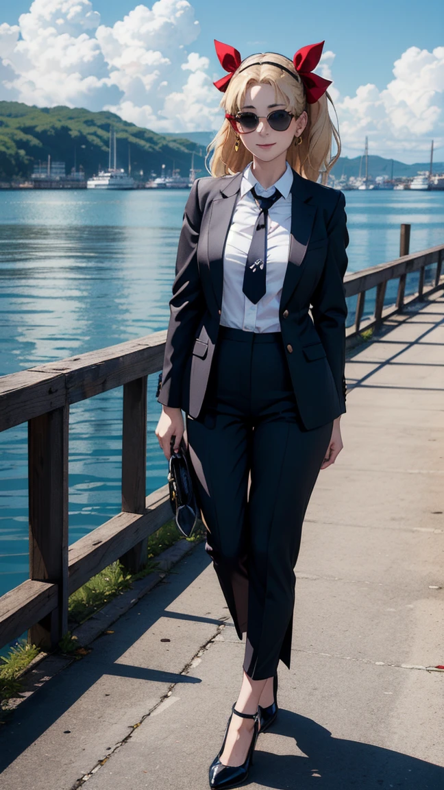 (masterpiece, best quality, detailed), 1girl, solo, looking at viewer, Ereshkigal, two side up, hair ribbon,
pant suit, suit, formal, black suit, black pants, necktie, white shirt, sunglasses, pier, dock, boat, harbor, water, lighthouse, seagull, indian style, hands on feet, smirk, smile, closed mouth