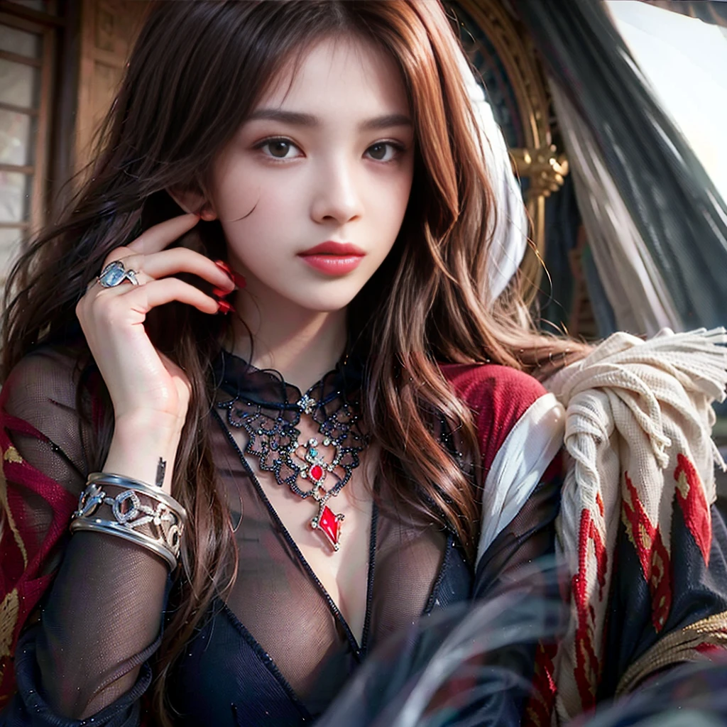 (((long fingernails))), a girl with long red hair and a bow in her hair, chinese model, beautiful, asian, pretty nezuko, ayaka genshin impact, rin tohsaka, official artwork, demon slayer, tanjiro kamado, flaming katana, kawacy, anime visual of a cute girl, long sharp fingernails, mixed color