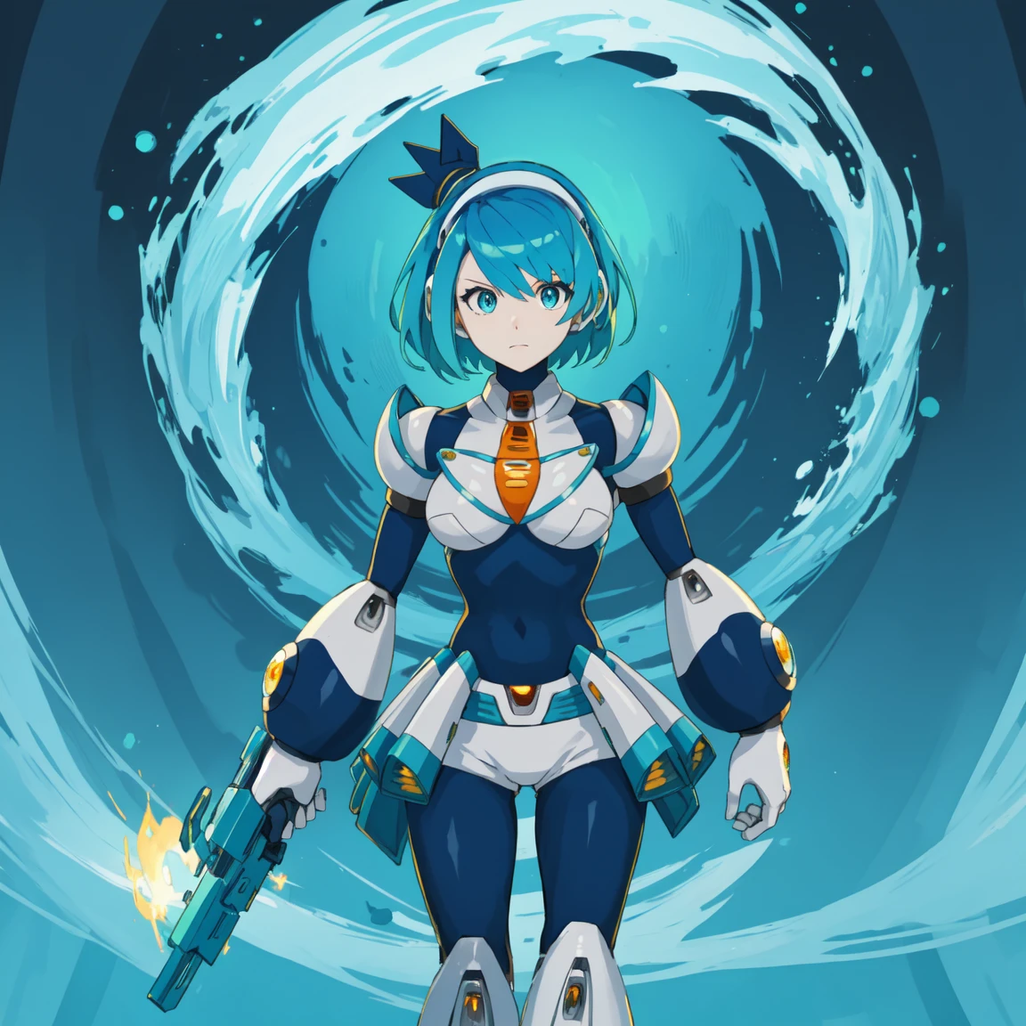 rico_megamanxdive, 1girl, solo, blue eyes, short hair, blue hair, android, high quality, masterpiece, standing with green flames coming from a tree
