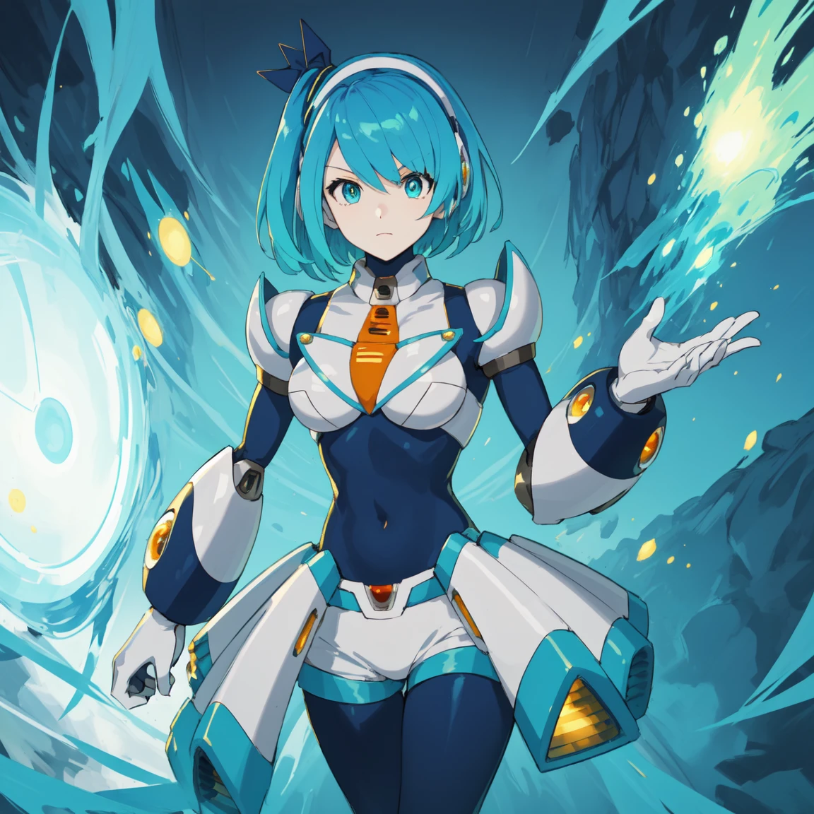 rico_megamanxdive, 1girl, solo, blue eyes, short hair, blue hair, android, high quality, masterpiece, standing with green flames coming from a tree