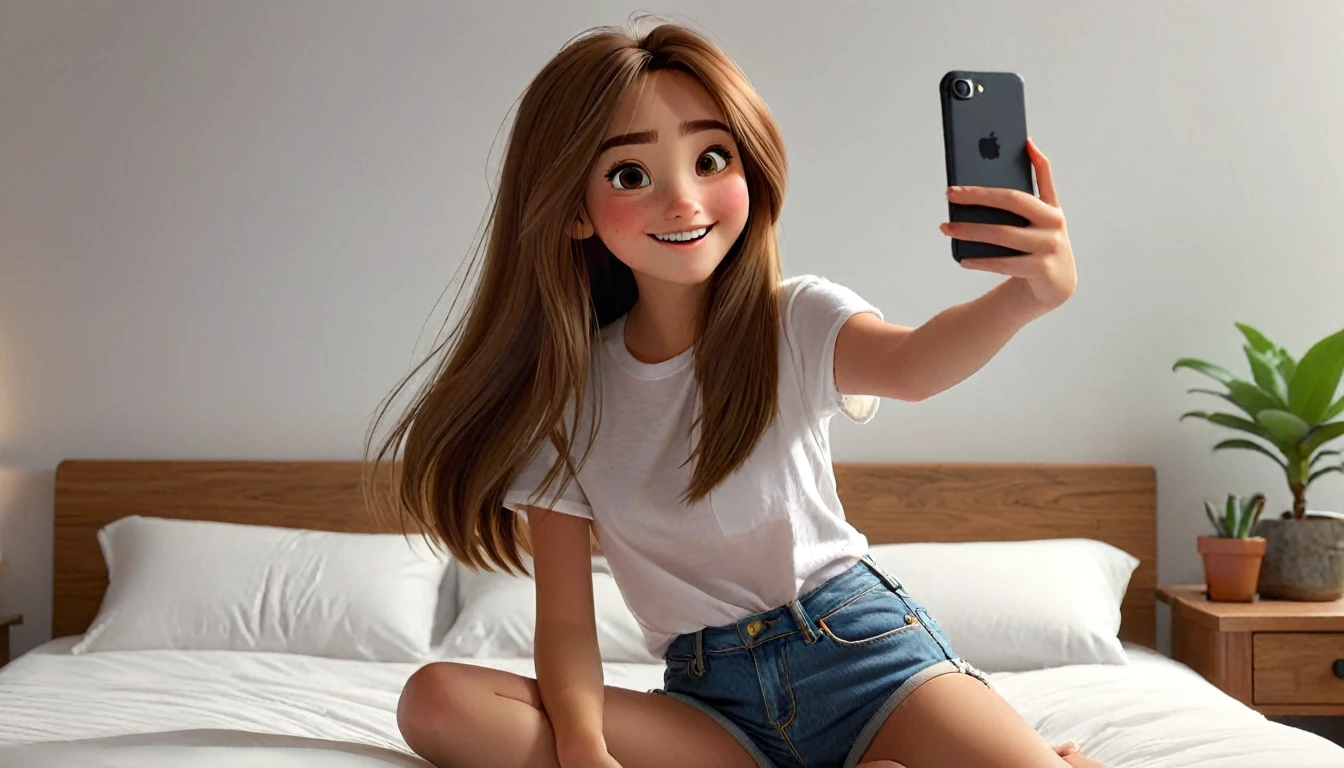 ((masterpiece, best quality)), award winning, 4k, 8k, simple background, photography, visible face, (one girl), 20 years old, cheerful and playful demeanor. She has long, straight hair, a simple white plain t-shirt and denim shorts, sitting pose, in bed, holding iphone, black color, taking selfie. Perfect hands. ((Pixar Character.))