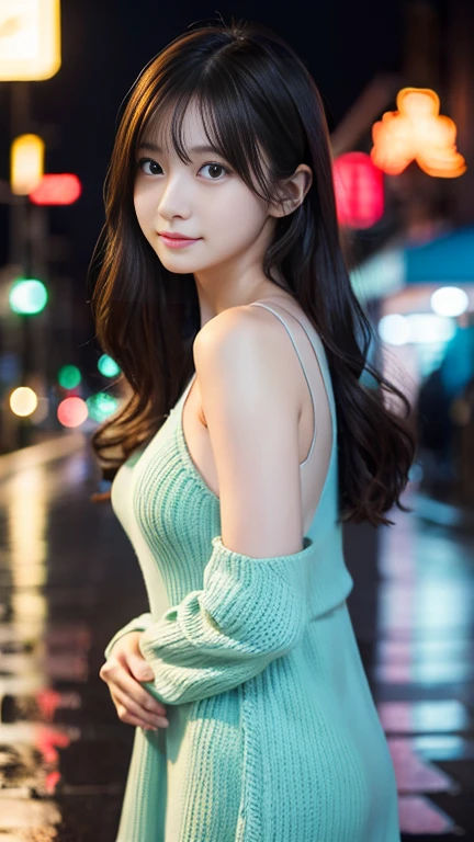 flying debris、Highest quality、shape、 Very detailed、Finer details、 High resolution、8K デンデ wallpaper、完璧なダイナミックな構shape、24 year old beautiful girl、clear、Beautiful face in every detail、Beautiful eyes in every detail、Rough skin、A faint smile、Small breasts、Knitted dress、Neon Light、whole body、Standing in the rain