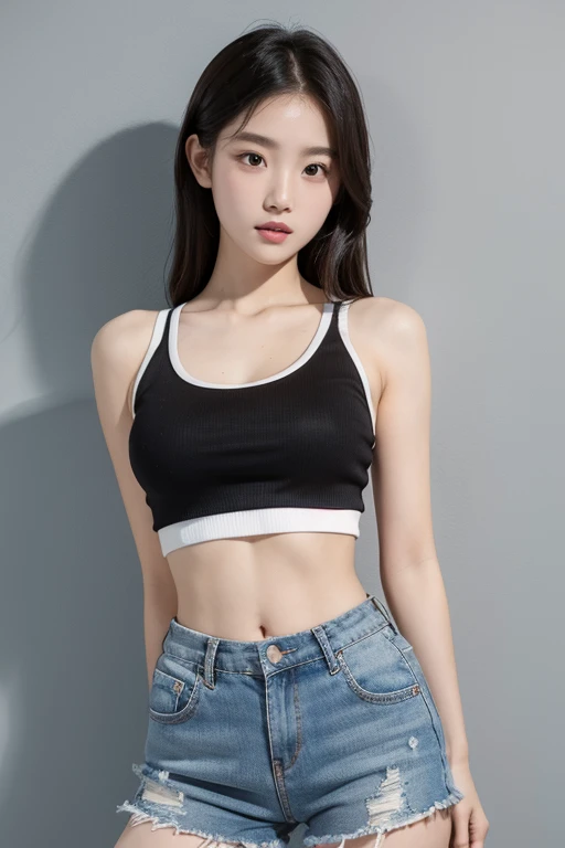 Wear crop tops，Short shorts，Big breasted elementary school student with bare shoulders，There is a chest scar