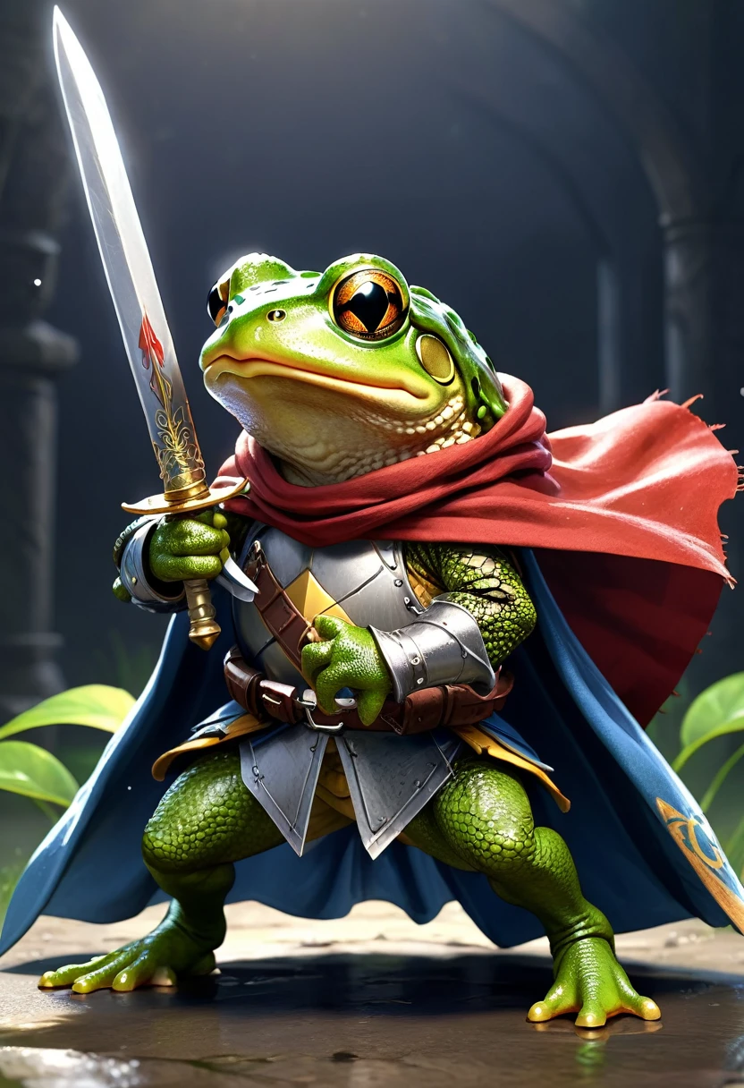 Knight Frog, Cool Frog, Pop Frog, Simple Background, Bandana, Big Sword in Hand, Brave, Cloak, Fighting a Turtle, Frog is Winning, Best Quality, Super Detailed, Ultra High Resolution