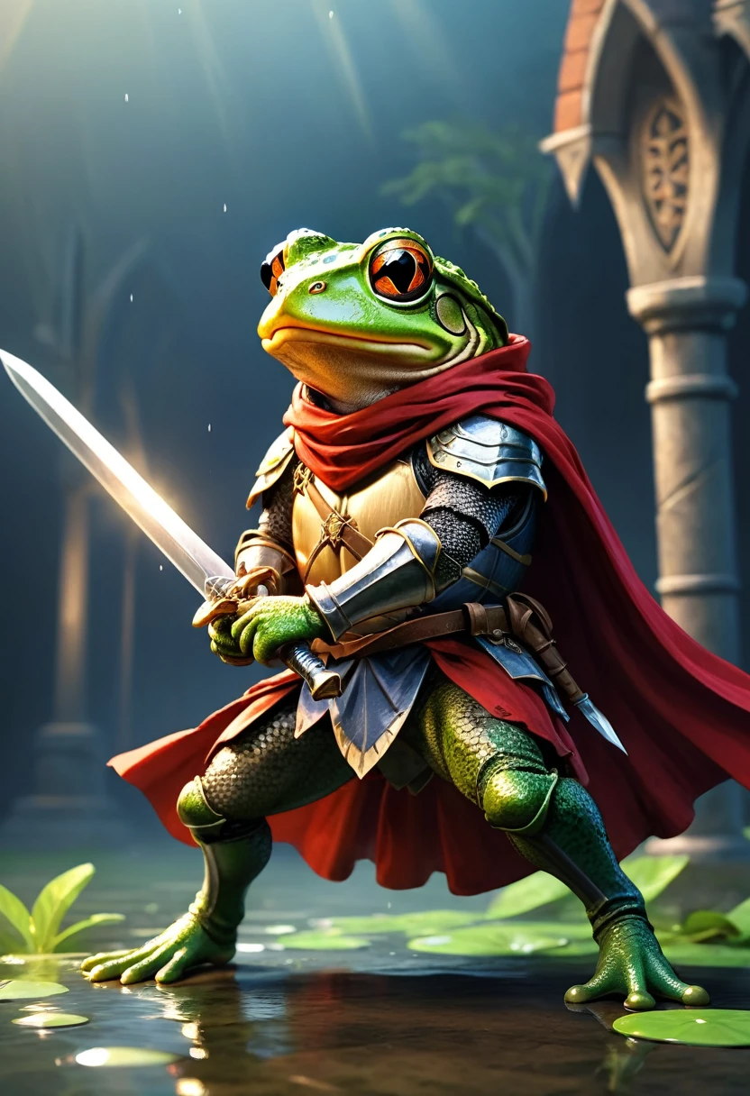 Knight Frog, Cool Frog, Pop Frog, Simple Background, Bandana, Big Sword in Hand, Brave, Cloak, Fighting a Turtle, Frog is Winning, Best Quality, Super Detailed, Ultra High Resolution