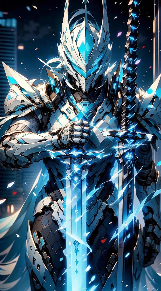 Cyberpunk knight with blue hair, white helmet, white armor, holding a sword, 8k quality, 4k quality, masterpiece, award winning, best w