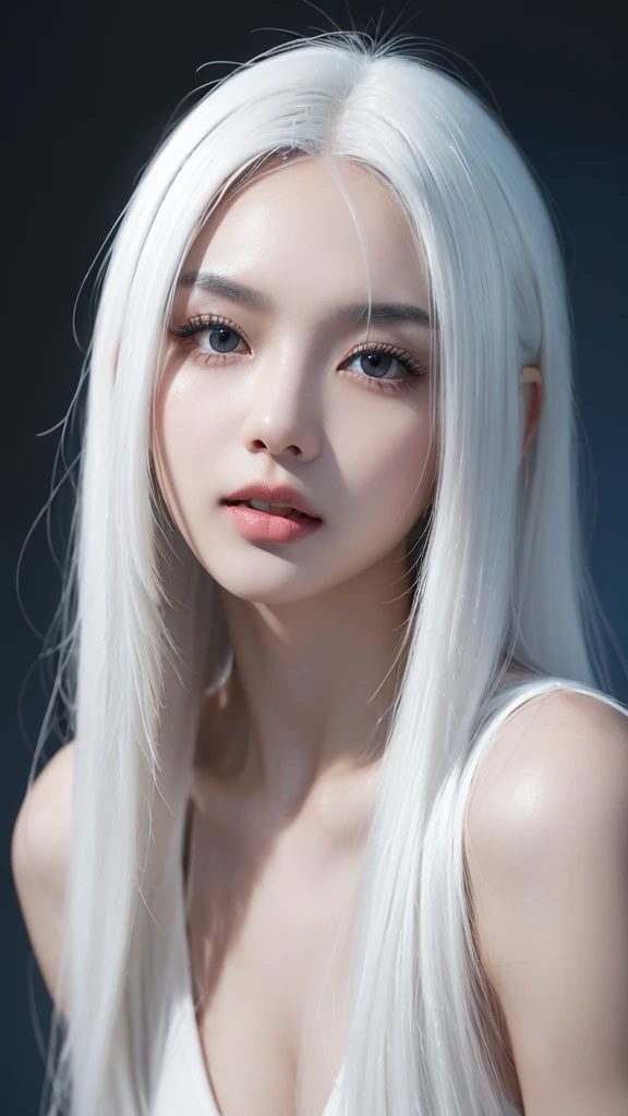 leogirl, cute dark skin 1girl, long tousled white hair, biting lips, seductive forward lean, delicate skin, delicate face, real, realistic, 1girl,white hair,blue background,upper body, ((ton skin)), (((black skin))), (((white skin)))