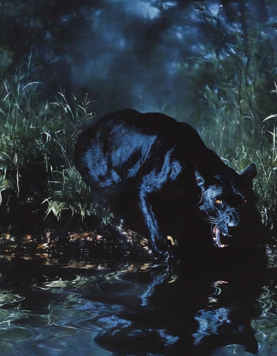 panther in the water, night forest background