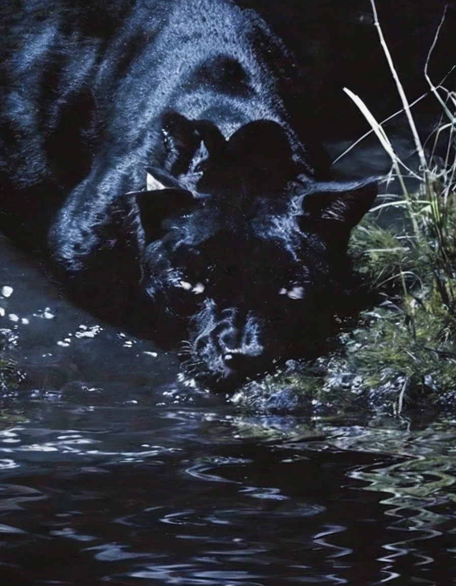 panther in the water, night forest background