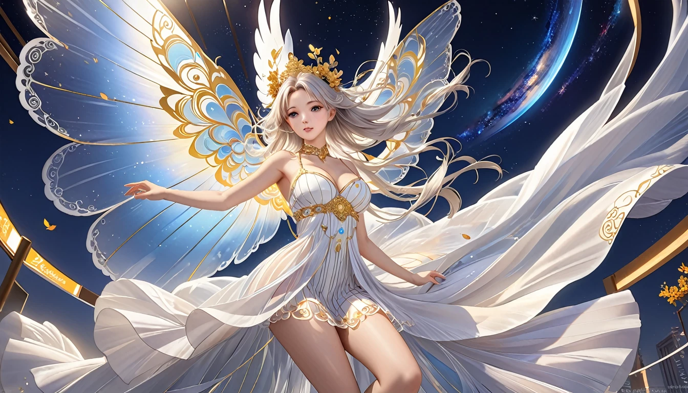 Woman in transparent dress,Viewer,(((Full breasts, Keeley University))),Slim waist,(Navel exposed,Bare waist), Long hair, extreme detailed details, Detailed fantasy art, Stunning character art, Beautiful and exquisite character art, Beautiful transparent dress, Very detailed, Girl wearing flowing Hanfu, Exquisite headpieces and jewellery,Crystal jewelry filigree, galaxy, Stunning visuals, (Dynamic Stripes, light rail:1.2), Vibrant colors,Long hair动漫女孩和狐狸, 美丽的白金色Angel女士, 白毛Angel, Beautiful character painting, Beautiful anime portrait, Angel翅膀的女孩, a beautiful Angel woman, Mystical artwork, Guweiz, by Ren Renfa, Angel, Large Breasts,Full breasts,Golden ratio figure,Perfect body,Ultra wide-angle shooting,Full body shot,Body close-up,Full body shot,Wearing a pleated tulle skirt,Soft anime illustration, Soft dark background,Fujifilm XT3 Clear focus, f 5.6, High Detail, Clear focus, Dramatic, (Wearing openwork clothing), (Looking at the audience:1.8), (Natural light), (Tempting)translucent, Good velvet quality, Compared, Divine Light,, Silver gray hair, Sky background, Absolute Strength,女性Angel,Girl in sexy silk,,Large Breasts,Full breasts,Golden ratio figure,Perfect body,Ultra wide-angle shooting,Full body shot,Body close-up,Full body shot, Wearing a tulle dress, Model shooting style, Large Breasts,Full breasts,Golden ratio figure,Perfect body,(Extremely detailed CG 8k wallpaper unit), The most beautiful artistic photos in the world, , 8K Ultra HD, ) On the big white bed,Lazy gesture,Charming and seductive expression,best quality,masterpiece,Ultra-high resolution,(Practical:1.4),original photo,Ultra-high resolution,White skin,Exquisite makeup,Long legs,Bright beautiful eyes,用深色眼影打造Exquisite makeup,