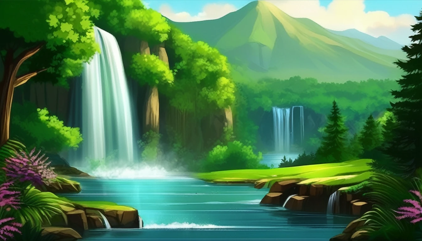a painting of a waterfall in a lush green forest with flowers, flowers and waterfalls, very beautiful scenery, very very beautiful scenery, very very very beautiful scenery, the most beautiful landscape, stunning nature in background, beatiful backgrounds, natural landscape beauty, majestic nature scenery, nature in all its beauty, beautiful environment, really beautiful nature, incredibly beautiful, nature scenery