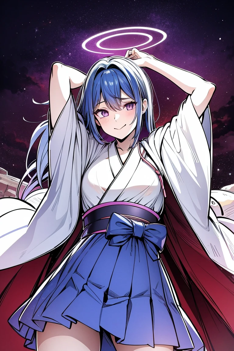 at pixiv, top rated on pixiv, pixiv style, pixiv contest winner, portrait of a pixiv 3dcg, Girl, medium ruffled layered blue hair, purple eyes, open belly, Masterpiece ultra high quality, high-quality, Good detail, sticking out tongue, long tongue, hakama outfit with stomach exposed, half-body shot above waist, fire halo like circle around body, hands behind head.