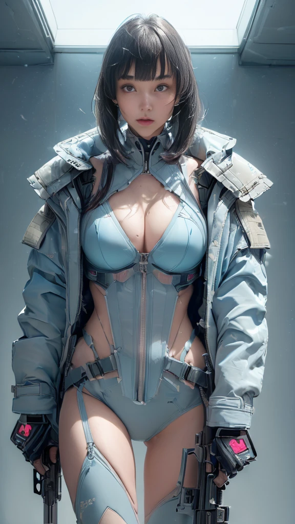 ((((In combat:1.4))))、(Browsing Caution:1.2)、((Too much exposed skin))、Very beautiful woman、Slender women、(Detailed face)、Realistic Skin、((Delicate photo))，(Girl masterpiece RAW photo details:1.25), (Highest quality:1.6), (Ultra-high resolution:1.5), (Realistic:1.75), 8K resolution, Canon EOS R5, 50mm, Absurd, Super detailed,Cinema Lighting、One Girl, 白hair,((princess_cut))、smile、 Window Shades,((Super tight light blue jacket coat)), Chest Rig, cyber punk, ((Techwear)),I can see your abs、Good top、((Big Breasts))、((The abdomen is visible))、(((Very subtle and futuristic design)))、((sexy wedgie))、((logo))、((Characters on clothing))、((With the weapons of the future))、((Posing))、(((blunt bangs)))