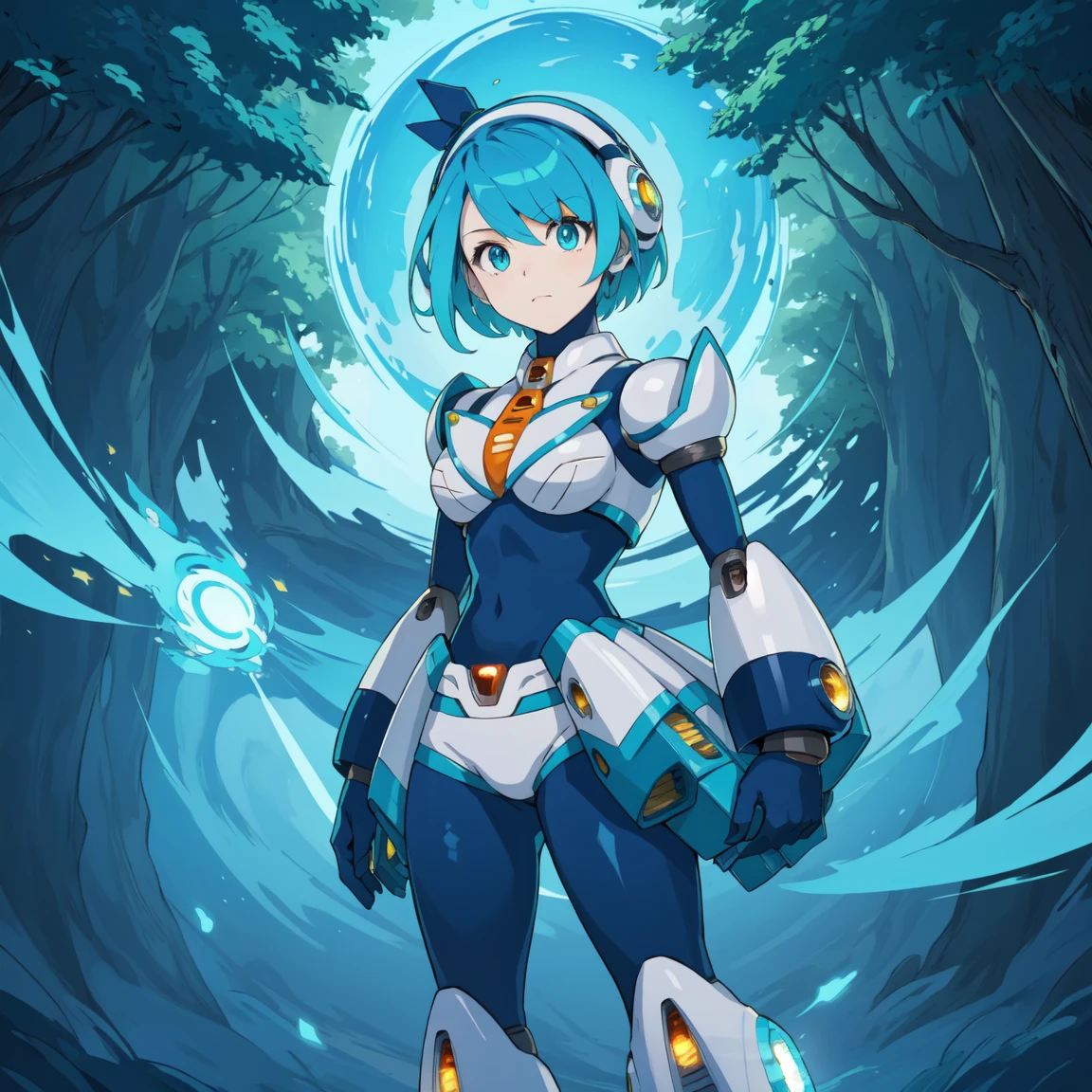 rico_megamanxdive, 1girl, solo, blue eyes, short hair, blue hair, android, high quality, masterpiece, standing with green flames coming from a tree