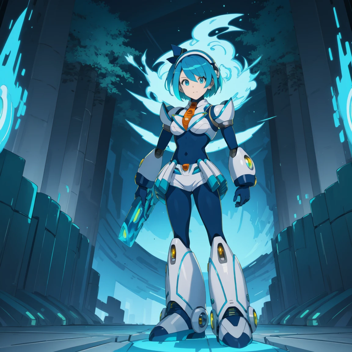 rico_megamanxdive, 1girl, solo, blue eyes, short hair, blue hair, android, high quality, masterpiece, standing with green flames coming from a tree