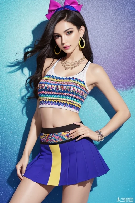 best quality, masterpiece, sleeveless tee, Tight, belly button exposed, H-shaped skirt that reveals more than 10cm above the knees, High heels that are very flashy and have a heel of more than 7 cm., large, colorful necklace, large and colorful earrings, large and colorful bracelets, Stockings with colorful and unconventional colors and patterns, Underwear with flashy and unconventional colors, patterns and shapes