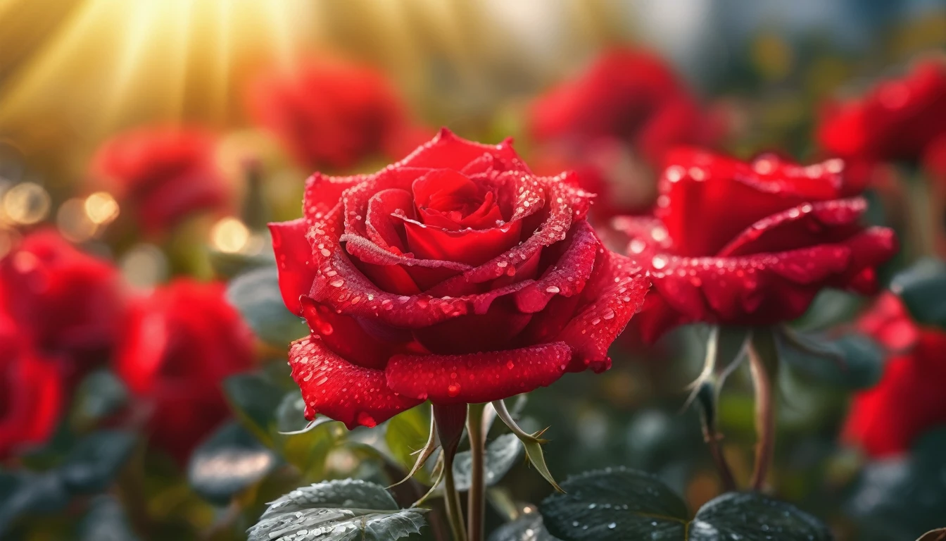 Many red color rose flowers in the garden and sunlight with bokeh, dew drops on flower petals,automatic optional scene, defocused background creating a bokeh effect, nature's palette in full display, natural light, ultra fine details, digital painting
(masterpiece, ultra quality, high resolution, 8k, intricate: 1.2), (masterpiece), (best quality:1)