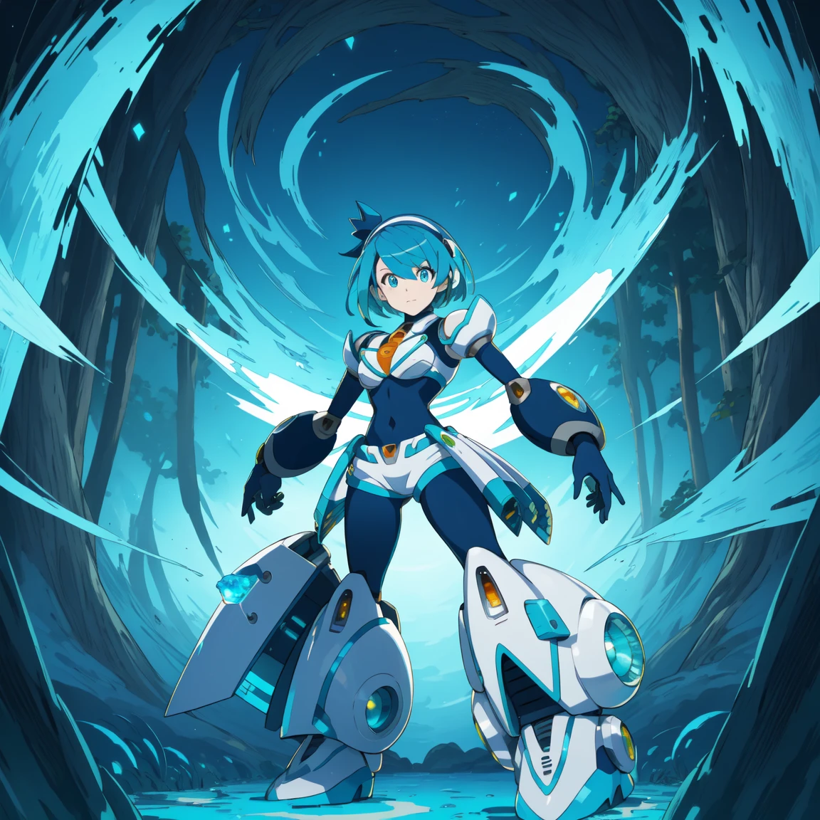 rico_megamanxdive, 1girl, solo, blue eyes, short hair, blue hair, android, high quality, masterpiece, standing with green flames coming from a tree