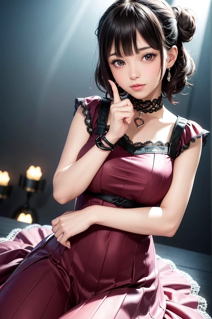 masterpiece、Soft Focus , Bright gradient watercolor、Tabletop, High resolution, 8k, Anime Women, Delicate and detailed writing 、Detailed digital illustration、high resolution, high quality、Detailed Background、Close-up photo、(((Two arms、Four fingers, One thumb)))、Detailed female face、Accurate Fingerasterpiece:1.2)、highest quality、High resolution、unity 8k wallpapegure:0.8)、Highly detailed face、Perfect lighting、Highly detailed CG、(Perfect hands、Perfect Anatomy)、
One Girl、Looking at the audience、
Beautiful pink eyes、Black hair bun、Plump and glossy lips、Heart-shaped choker、Idol、
pink IDOL costumes、Short skirt、Drape clothes、gem、The decoration has been removed、Floral、Lace trim、On a glittering stage、Showing affection to the audience