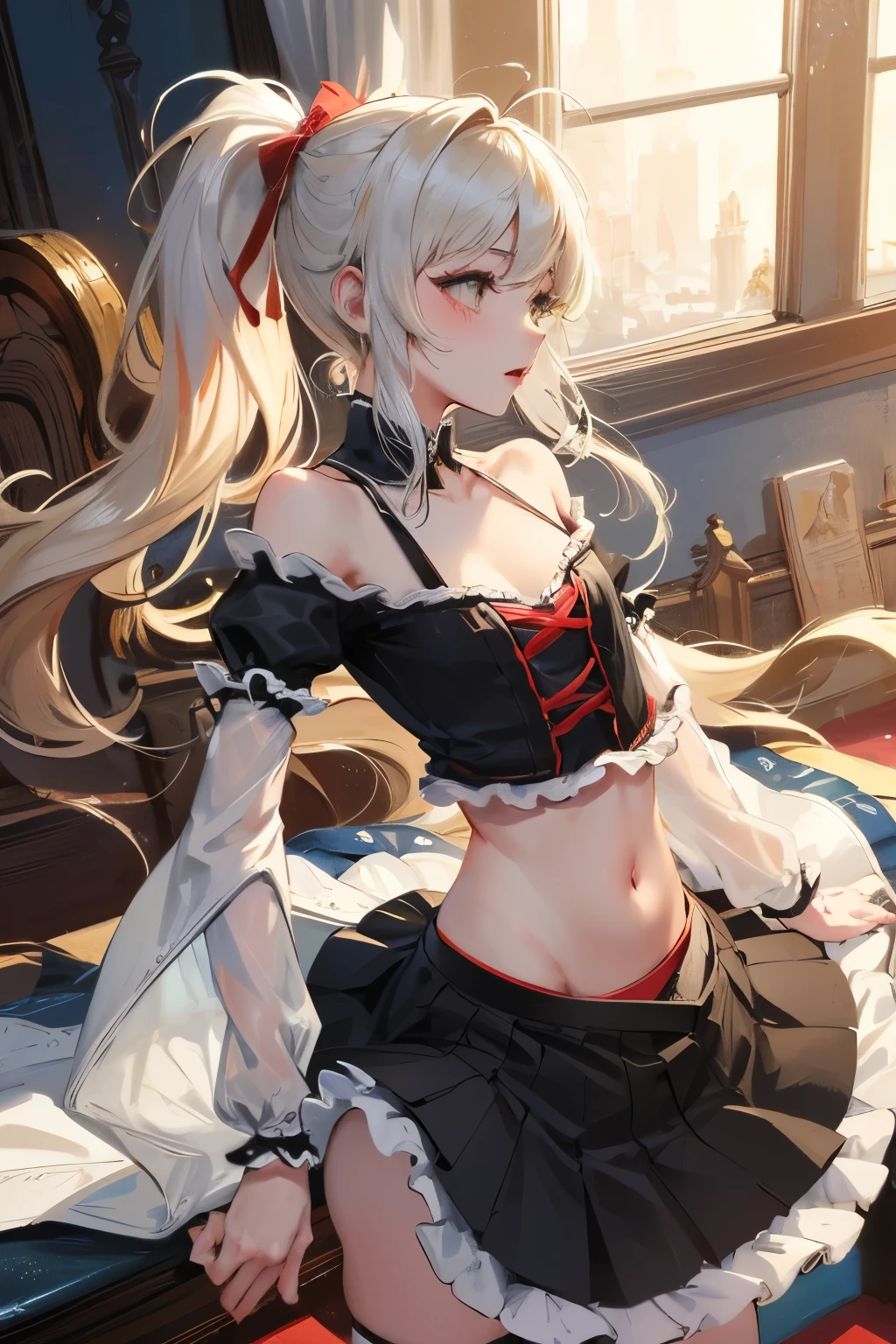  ((best quality)), ((masterpiece)), (detailed), NSFW, small breasts, prominent collarbones, skinny arms, flat stomach, visible hip bones, long hair, red hair, white hair, blonde hair, dark hair, ponytail, thick ponytail, heavy ponytail, NSFW Fluttering lace frilly petticoats, pleated petticoats 