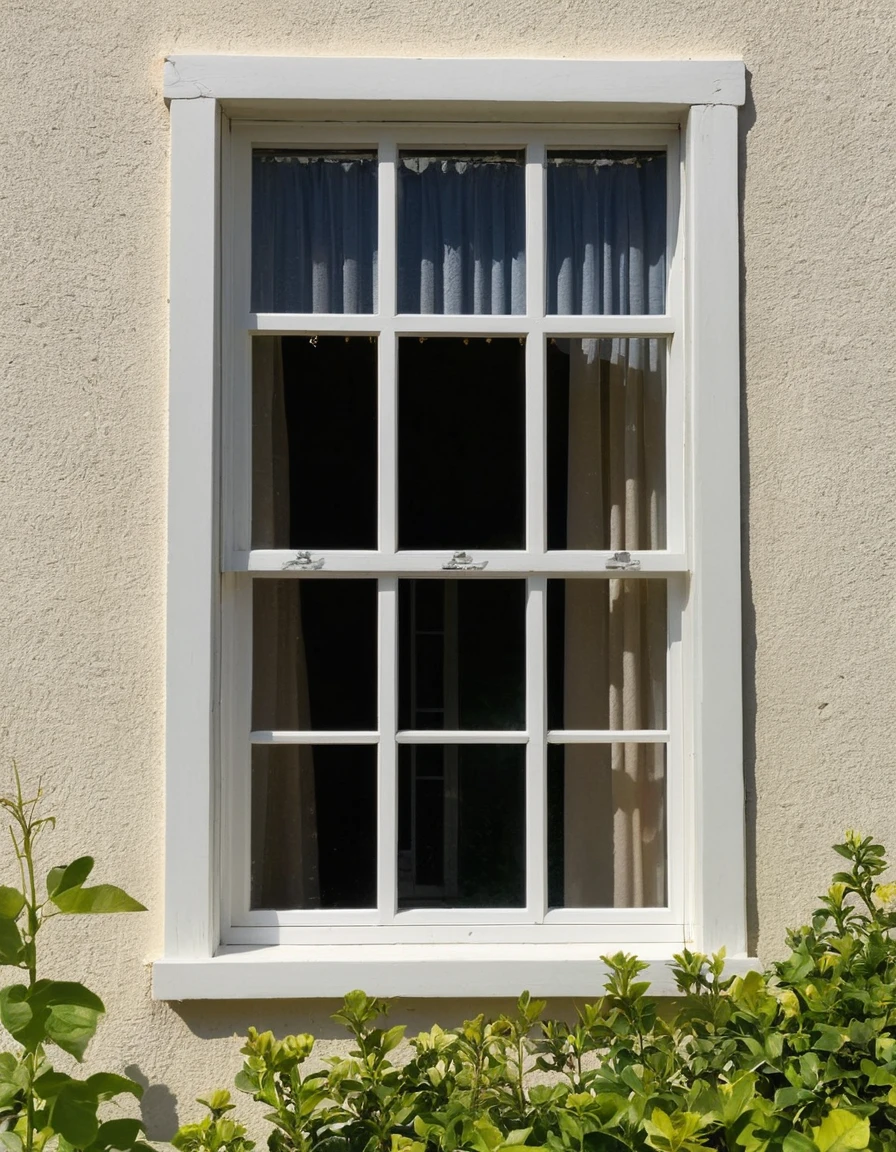 picture looking in to a house though a white wooden window with slatted blinds