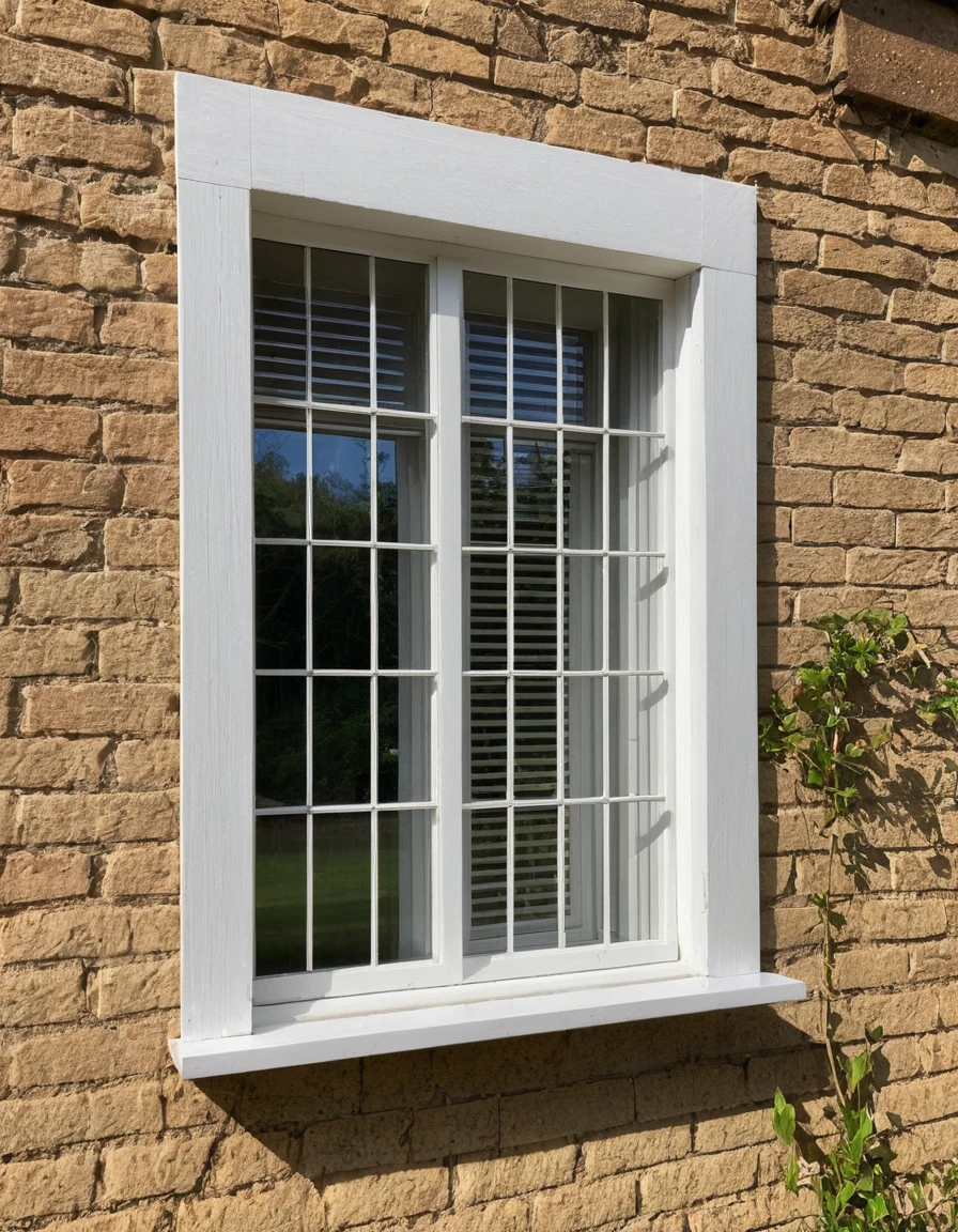 picture looking in to a house though a white wooden window with slatted blinds