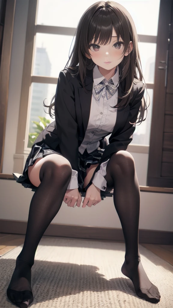 Top quality, masterpiece, High resolution, (Head to toe full body), front, frontやや下からの構図, Symmetric, Tall 18 year old girl, alone, (Head to toe), (Small breasts), Unkempt brown hair, bangs, (black tights), (Black Pantyhose), (Sit with your legs apart), (Crouching pose), (A composition showing white panties), (Her legs were spread、I see your white pants.), (I was made to sit on the floor with my legs spread..), (M-shaped legs), Thin legs, A very beautiful and tall 18 year old girl, (No shoes), blush, Shy big eyes, looking at the camera, Blazer Uniform, Checkered Pleated Skirt