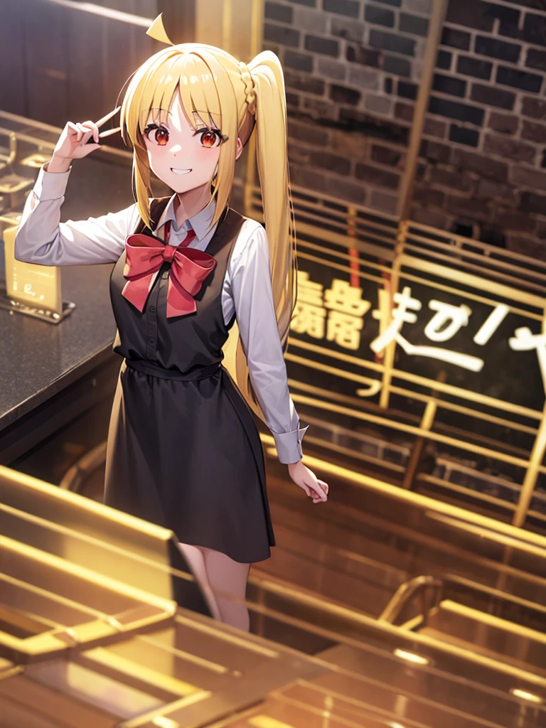 blonde_hair, long_hair, bangs, side_ponytail, look at viewer, ahoge, red_eyes, bow, red_bow, smile mouth, face of happiness 