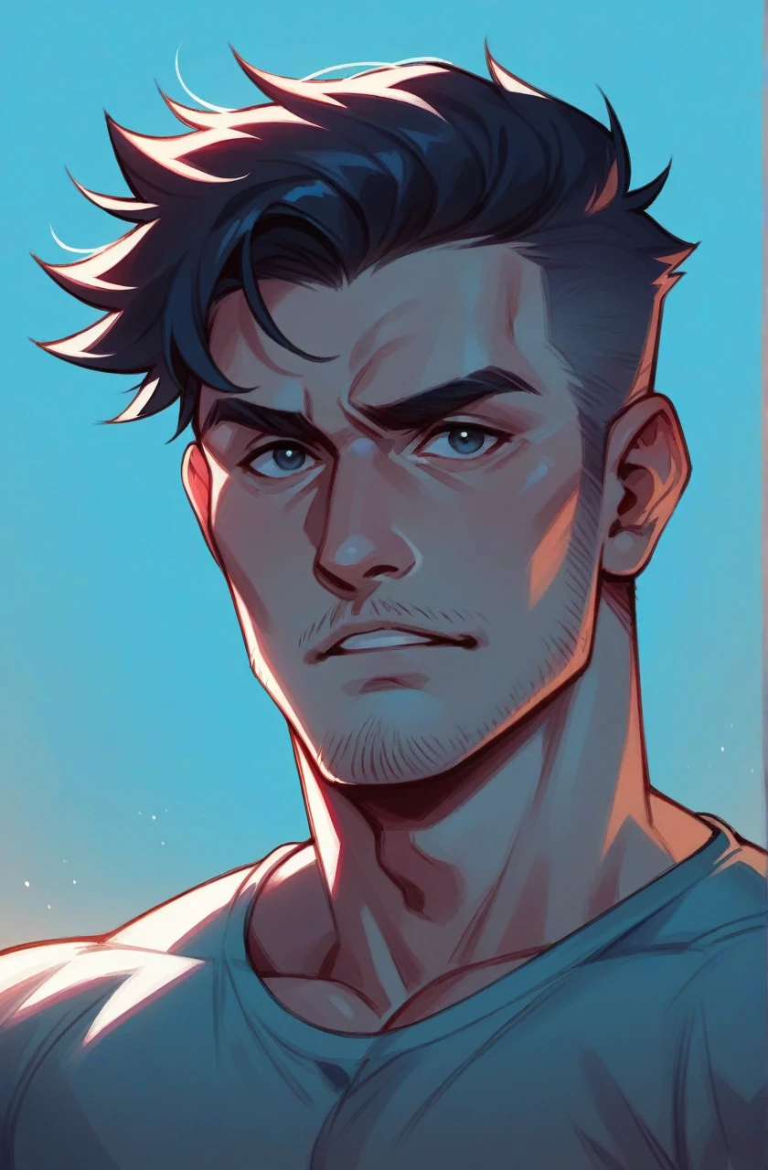 45 year old man(cobalt eyes; salt-and-pepper crew cut; rugged; muscular and imposing; incredible beard; masculine; round-faced, Kurt Russell), Disney-style cgi, night time neon-lit streets crime scene; futuristic; dystopian; best quality; high detail; trending on artstation; complex volumetric lighting; tank top