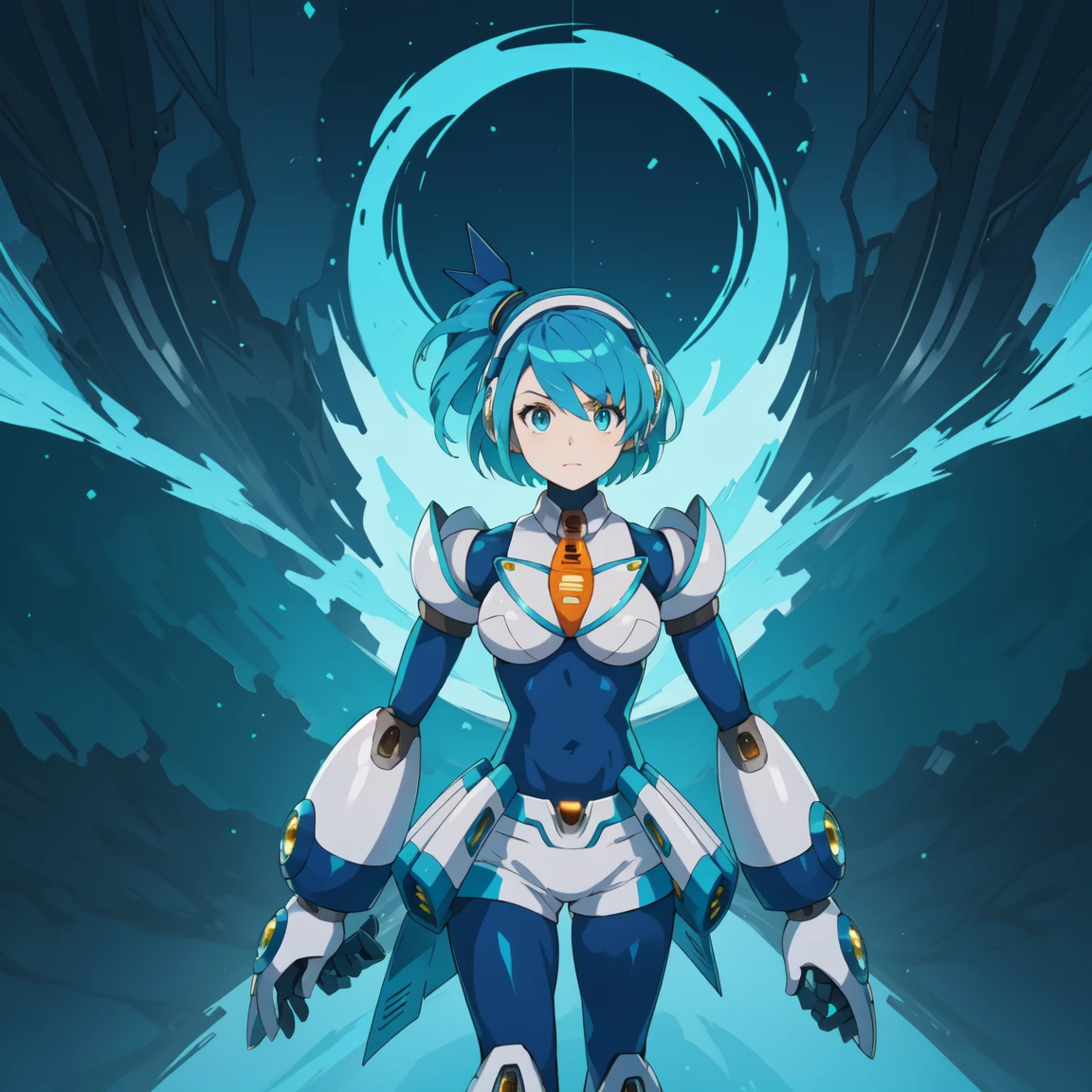 rico_megamanxdive, 1girl, solo, blue eyes, short hair, blue hair, android, high quality, masterpiece, standing with green flames coming from a tree