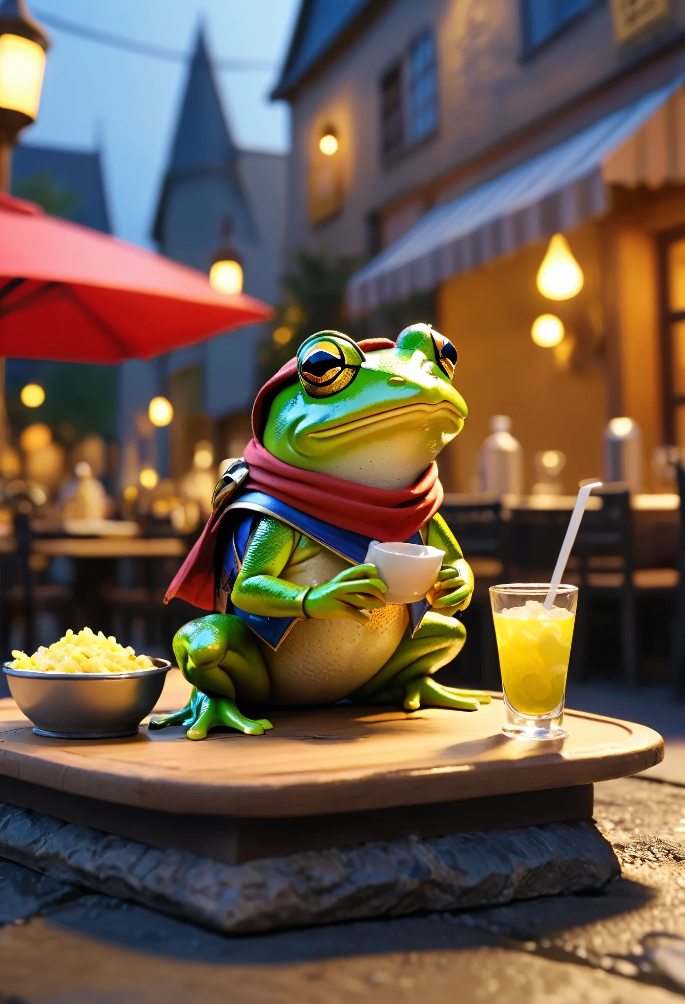knight frog, Cool frog, Pop frog, Diorama, simple background, Bandana, to a restaurant, eats flies  Brave, Cape, Best quality, Capture the sweetest moments, Depth of written border, Super detailed, ultra high Resolution, Octadale, 8k, 16km race