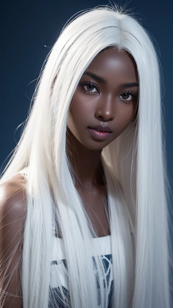 leogirl, cute dark skin 1girl, long tousled white hair, biting lips, seductive forward lean, delicate skin, delicate face, real, realistic, 1girl,white hair,blue background,upper body, ((dark skin)), (((dark skin))), (((white skin)))