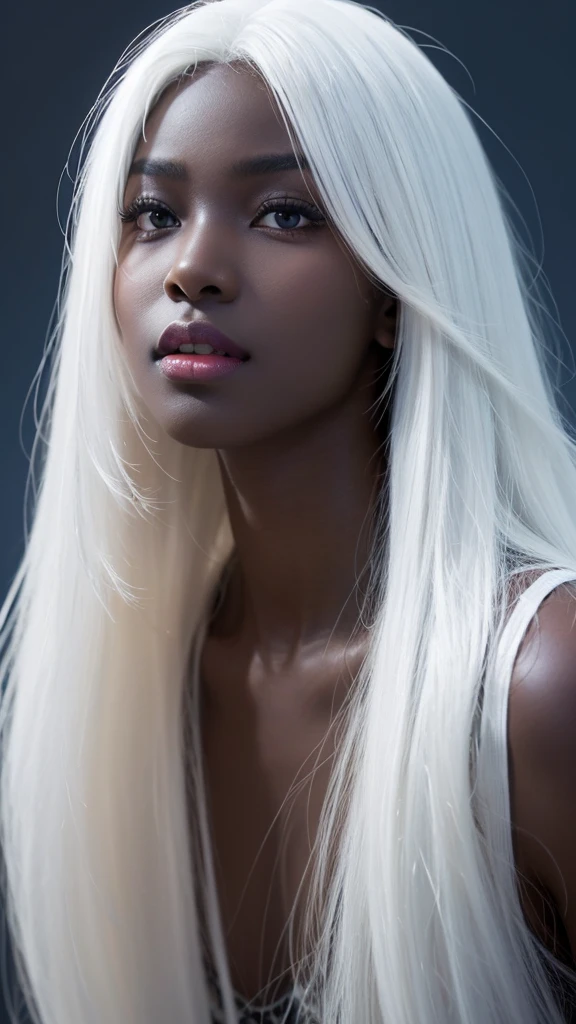 leogirl, cute dark skin 1girl, long tousled white hair, biting lips, seductive forward lean, delicate skin, delicate face, real, realistic, 1girl,white hair,blue background,upper body, ((dark skin)), (((dark skin))), (((white skin)))
