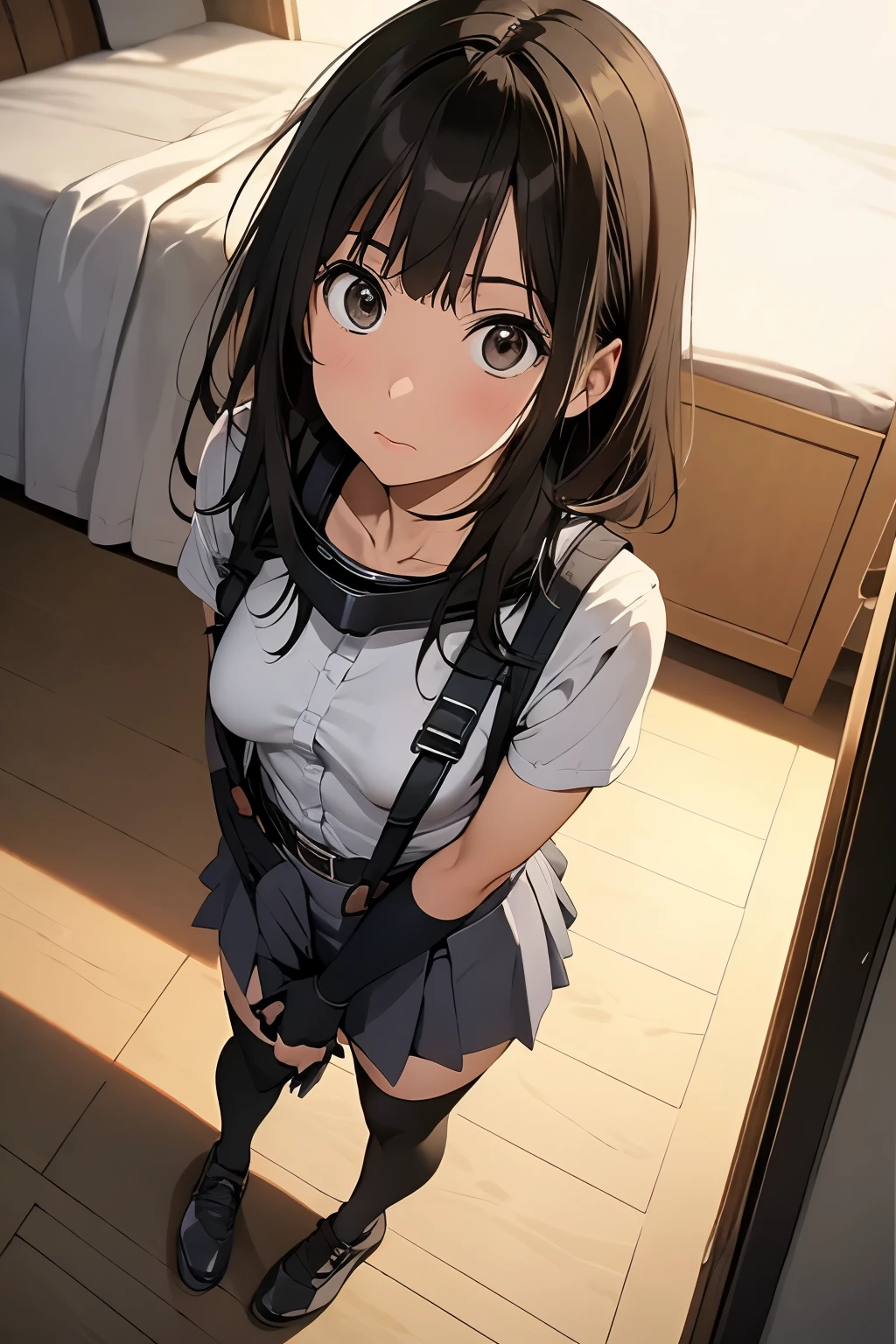 high quality, masterpiece, Ultra-high resolution, (realism: 1.4), Oil painting style, Cinema Lighting, , I stood on the empty asphalt road and looked at it., And the suspenders with the cranes flying Large Breasts Small face holster Lying in bed Looking up Sweat belt summer 脇Sweat Black Hole Gloves suit mini skirt garterbelt Leg Links ズボンにbelt holster Hands behind your back Anxious expression Looking up Anxious face Knee-high Knee socks Knee-highソックス garterbelt garter ふとももにgarterbelt
