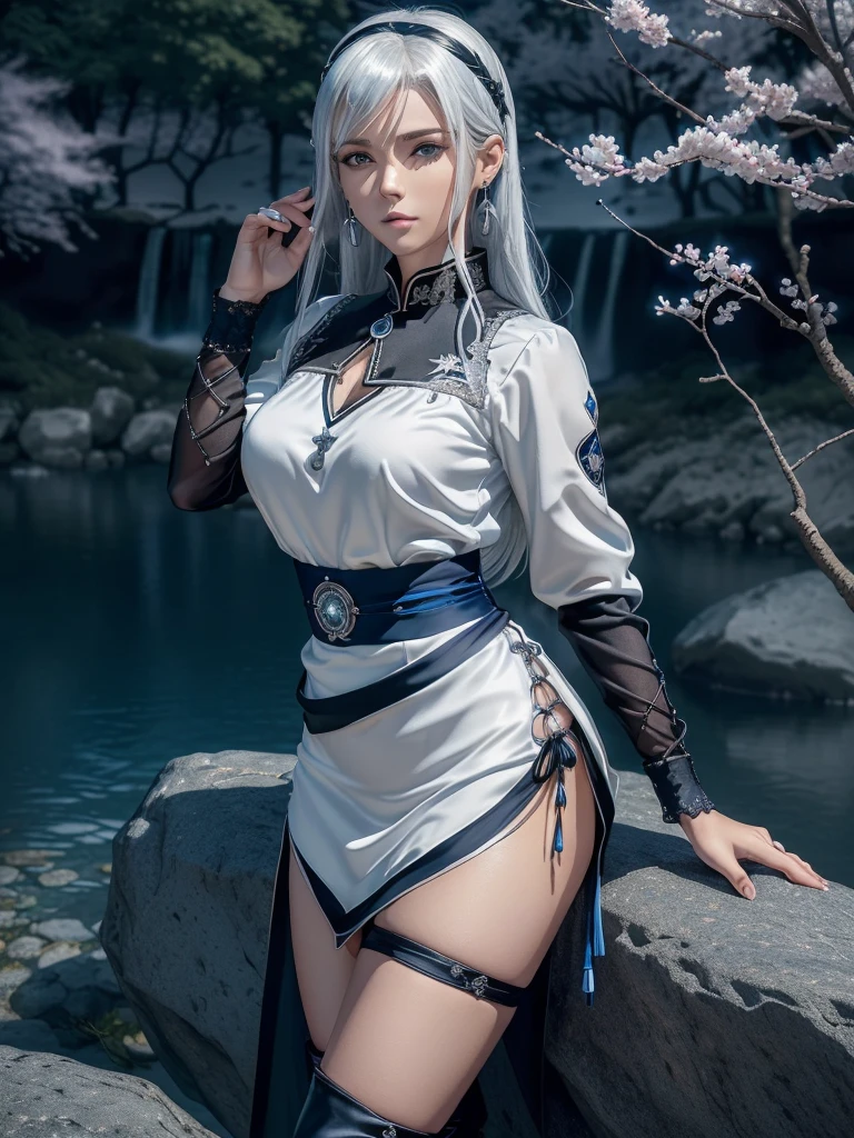 ((Realistic 3D anime style woman)),((with white hair)), ((blue eyes well detailed)), ((low-cut black silk dress with long sleeves, qipao collar)),((short black skirt with sash) )),((knee-high black lace-up boots)),((silver earrings and necklace)), ((silver bracelets with intricate details on both hands)),(thin silver chain belt decorated with small medals at intervals),((sapphire blue chest medallion)),((leaning on a rock)),((in the background a lake with navy blue water)),((a waterfall falling from a rock high)),(( surrounded by cherry trees)),((on a clear night with stars in the sky)), (image in hd, high quality, masterpiece, 8k resolution).