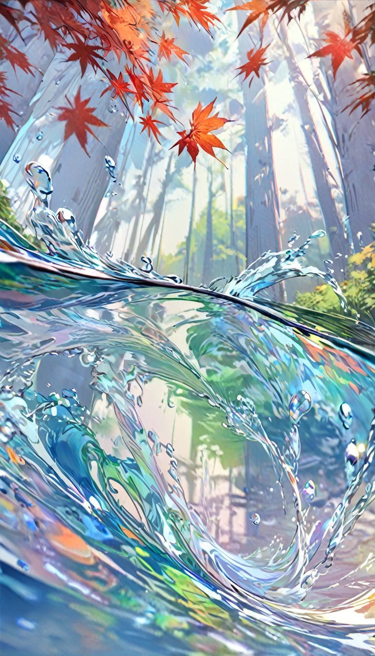 A lush green forest with a rives in between,maple trees ,maple leaves in water ,rippleing effect,soft blur in river,wind ,clouds, masterpiece, 8k, High quality, high detailing, vibrant colours, professional colour grading, majestic clouds, beautiful water,sense of motion, splashing water,water droplets