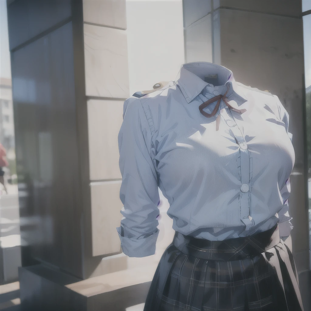 school blouse, plaid skirt, (invisible, no humans, headless, faceless:1.5), cute big breast, absurdres, highres, ultra detail, close view, Clothing Details
