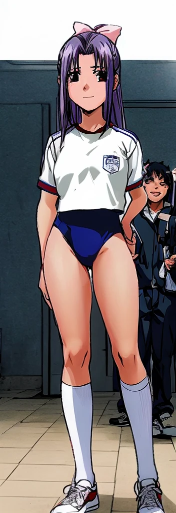 Momoko Koigakubo, a tall girl with beautiful legs, is standing with a smile on her face in a white gym uniform and light navy blue bloomers that look like panties.。A second-grade boy wearing a tracksuit is standing next to her and is being held by Momoko Koigakubo.。