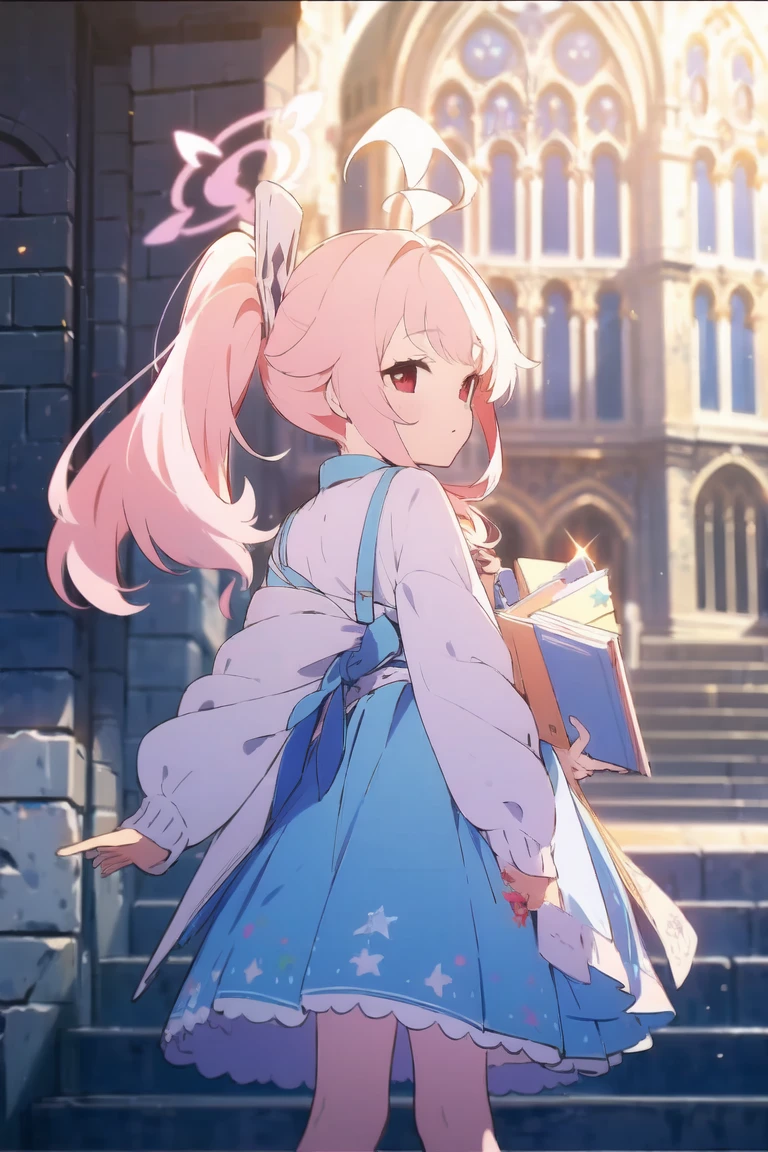 1girl, (masterpiece, vertex quality, extreme detail:1.4), (blue archive event stills), (fine beautiful hair), (beautiful eyes), (THE IDOLM@STER CINDERELLA GIRLS my first star costume), (Lots of intricate decorative accessories and ornaments:1.2), BREAK, natsu, long hair, pink hair, side ponytail, ahoge, red eyes, halo,, blue dress, (white cardigan), look at viewre, (magnificent views, outdoors, oxford churches), depth of field, cinematic lighting, Light particle effects, (beautiful Iris: 1.4), blue archive, natsu