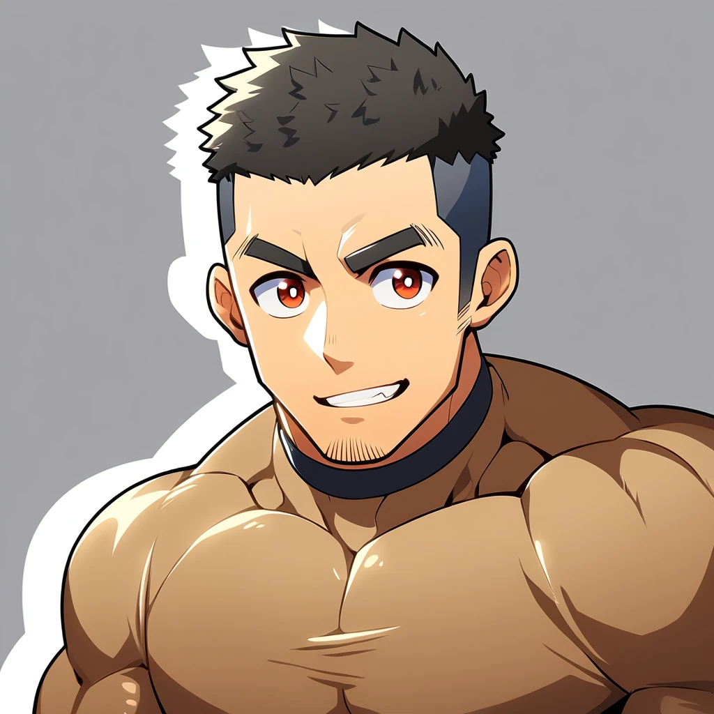 anime characters:Gyee, Muscle Sports Student, Manliness, male focus, Cute boy with big eyes, Brown high collar long sleeve tight T-shirt, Slightly transparent material, Very tight, Round, full and perky chest muscles, Slightly transparent, muscular male, muscular, only, Upper body, alone, Black short hair, Thick eyebrows, stubble, Cute little eyes, Brown-red pupils, Grey background, simple background, amazing quality, best aesthetics, Ridiculous, crew cut, parted lips, seductive smile, torogao, naughty face, drop shadow, best quality