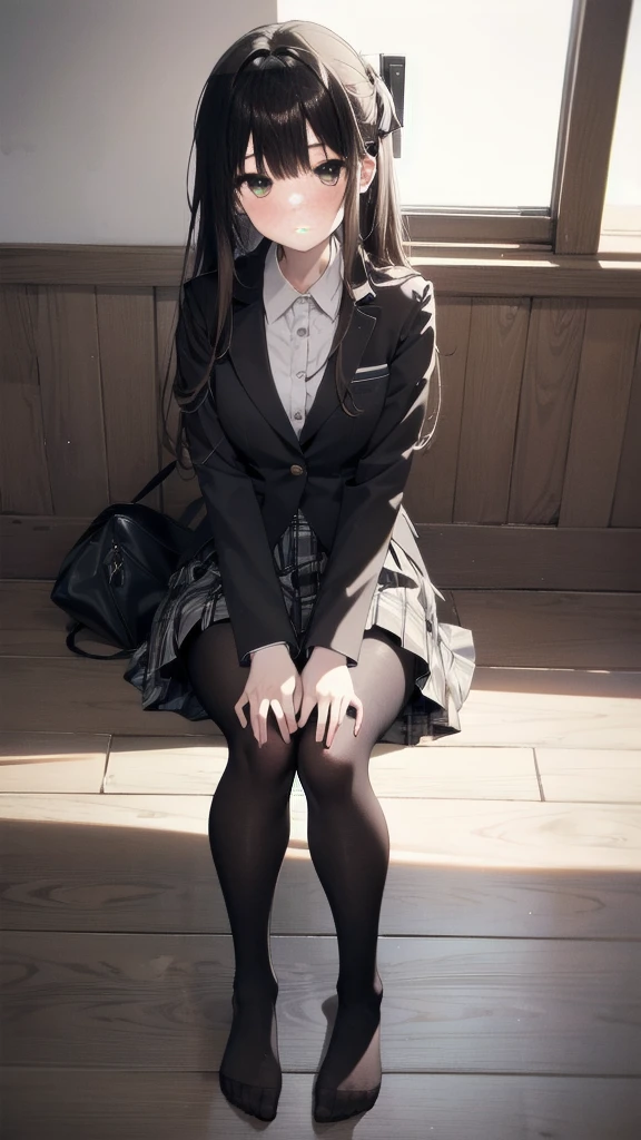 Top quality, masterpiece, High resolution, (Head to toe full body), front, frontやや下からの構図, Symmetric, Tall 18 year old girl, alone, (Head to toe), (Small breasts), Unkempt brown hair, bangs, (black tights), (Black Pantyhose), (Sit with your legs apart), (Crouching pose), (A composition showing white panties), (Her legs were spread、I see your white pants.), (I was made to sit on the floor with my legs spread..), (M-shaped legs), Thin legs, A very beautiful and tall 18 year old girl, (No shoes), blush, Shy big eyes, looking at the camera, Blazer Uniform, Checkered Pleated Skirt