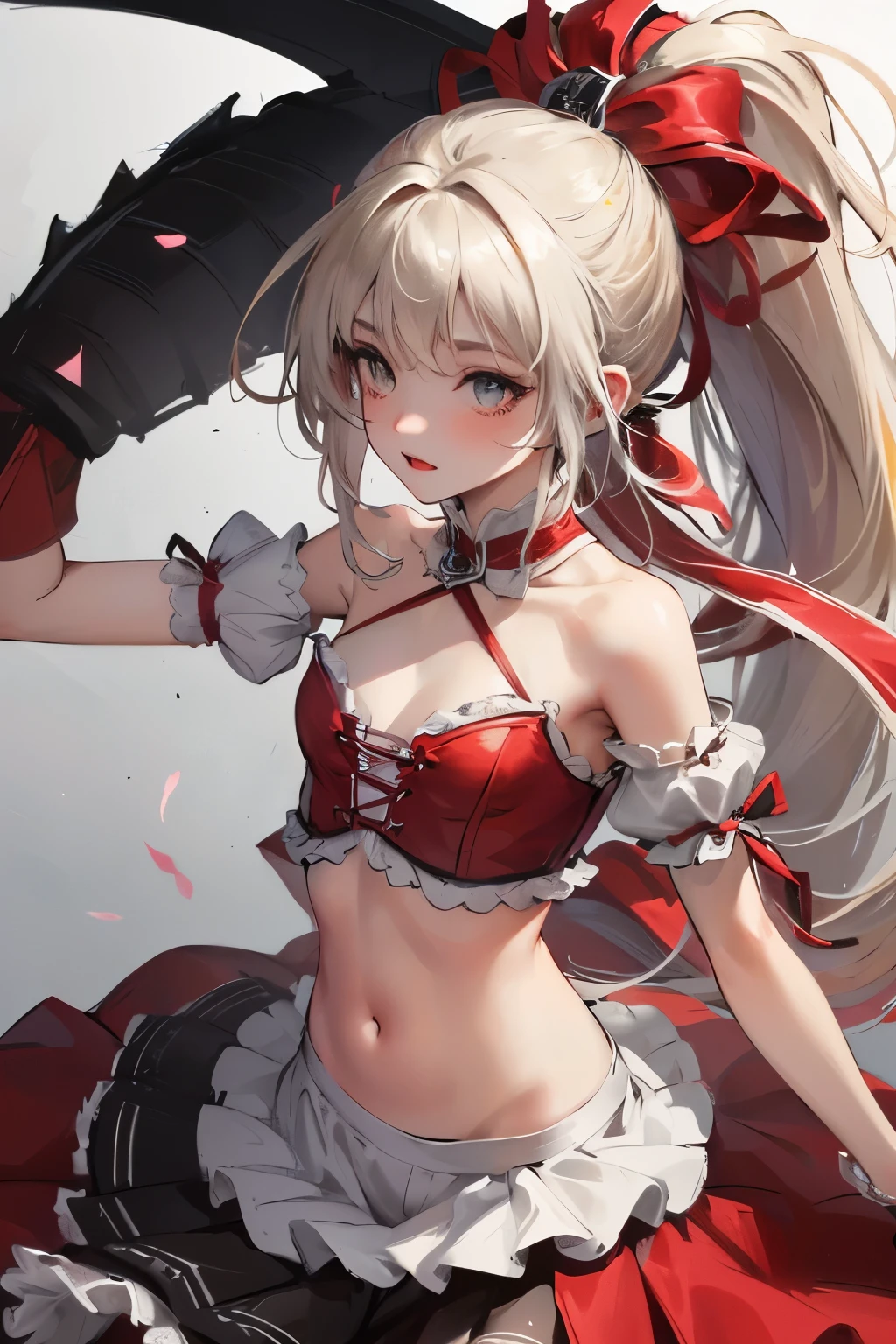 ((best quality)), ((masterpiece)), (detailed), NSFW, small breasts, prominent collarbones, skinny arms, flat stomach, visible hip bones, long hair, red hair, white hair, blonde hair, dark hair, ponytail, thick ponytail, heavy ponytail, NSFW Fluttering lace frilly petticoats, pleated petticoats